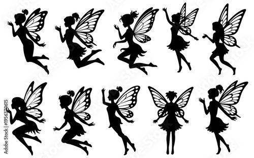 Fairy silhouette vector, Silhouette of a fairy with wings isolated on white background, Fairy hand drawing vector set