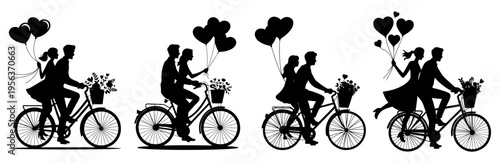 Set of silhouetted romantic couples riding a bicycle with heart balloons vector illustration isolated on white background, couple, bicycle, romance, silhouette, heart, balloon, flowers, love, riding