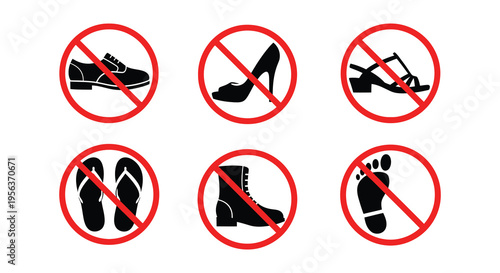 No shoes allowed various footwear types prohibited with red circles