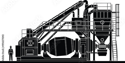 Industrial machine silhouette, manufacturing equipment, processing plant, rotary drum, conveyor system, ducts, hoppers, factory setup, mining 