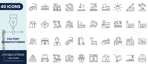 Factory and Manufacturing icon set in outline style. Editable stroke. Vector icon collection.