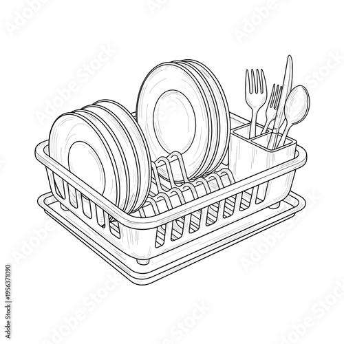 Plastic dish drainer with plates and utensils line drawing