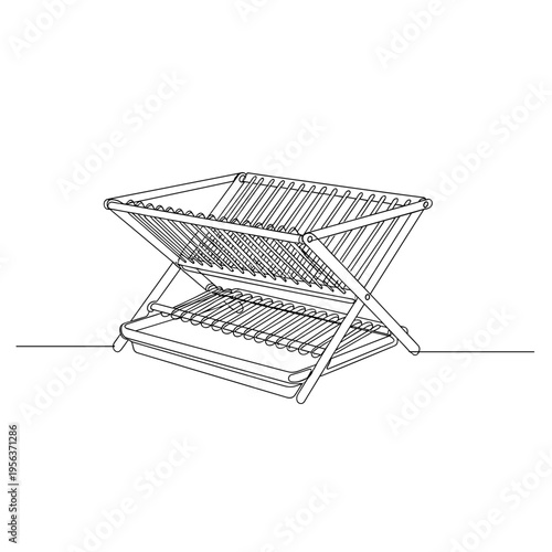Foldable metal dish drying rack line drawing on white background