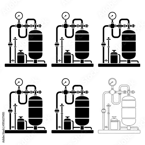 Industrial pipe systems with gauges and tanks in various configurations used for processing