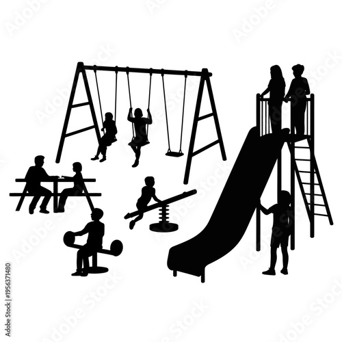 Silhouette of children playing on outdoor playground equipment and slides  kids having fun