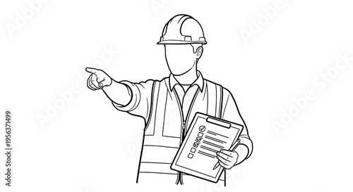 Construction Worker Foreman with Hard Hat and Clipboard Pointing Forward Line Art Illustration, Professional Site Inspector Management Concept Drawing