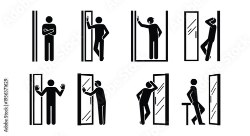 Stick figures interacting with doorways in various poses and positions