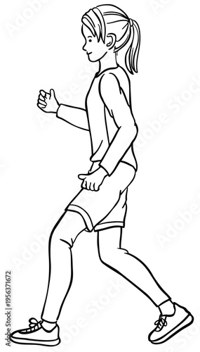ウォーキングする若い女性のイラスト　横向き　線画