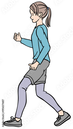 ウォーキングする若い女性のイラスト　横向き