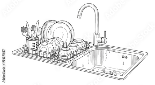Kitchen sink with dish drying rack and utensils line drawing