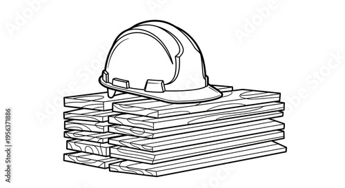 Construction Safety Helmet on Stack of Wooden Planks Line Art Illustration for Coloring Page