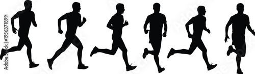 Collection of six male runner silhouettes, black vector icons of men jogging and sprinting in a line isolated on white.