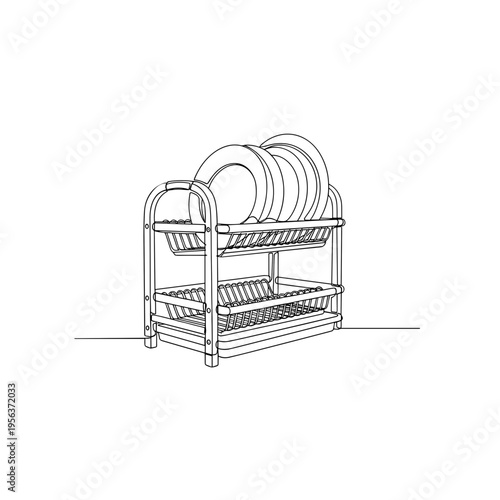 Dish drying rack with plates line drawing on white background