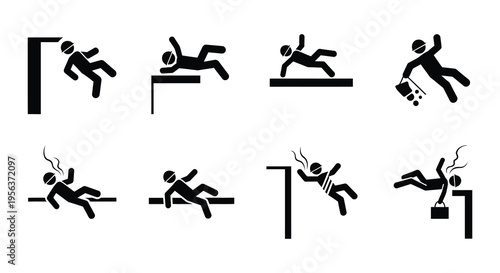 Warning signs depicting people falling or experiencing dangerous situations
