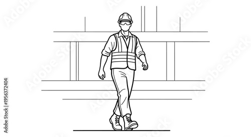 Construction Worker in Safety Gear Walking on Site - Minimalist Line Art Illustration