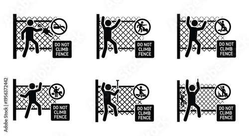 Stick figures demonstrate and warn against climbing over a chain link fence