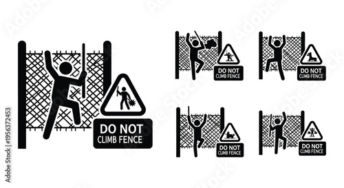 Stick figures demonstrate and warn against climbing over a chain link fence