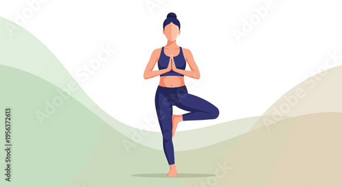Woman Demonstrating Tree Pose for Harmony and Balance with Calm Gradient Backdrop