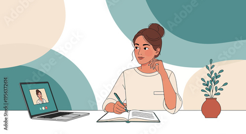 Woman attends virtual meeting while writing, embodying modern hybrid productivity and remote