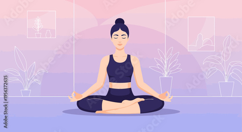 Woman in lotus position meditating peacefully, embracing inner calm and mindfulness during a yoga