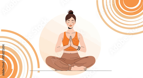 Woman practicing yoga in lotus position for wellness and relaxation in circular design