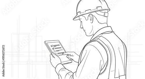 Construction Worker Using Digital Tablet for Site Inspection Checklist Line Art Illustration