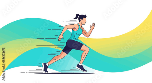 Woman sprints across colorful streaks of speed, capturing vector illustration of dynamic movement