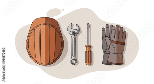 Workplace safety ensemble featuring hard hat wrench screwdriver and protective gloves displayed in