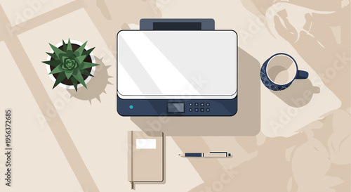 Workplace scene illustration featuring scanner succulent notebook and coffee cup minimal style