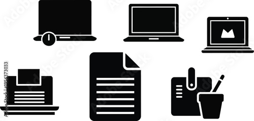 Collection of six modern digital workspace silhouettes, black vector icons of laptops, documents, and office stationery isolated on white.