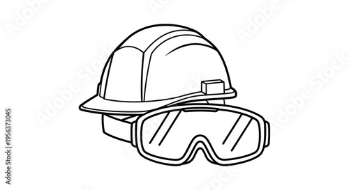 Safety Helmet and Goggles Line Art Illustration, Industrial Construction PPE Gear Icon, Hard Hat Outline for Occupational Safety and Health Concept
