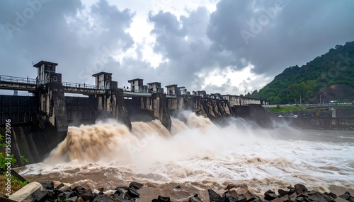 Wallpaper Mural Powerful Water Flowing Through Dam Spillway During Heavy Rains. Torontodigital.ca