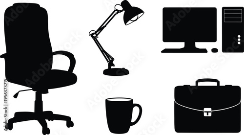 Collection of six modern office equipment silhouettes, black vector icons of computer, office chair, and briefcase isolated on white.