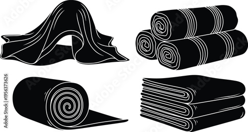 Fabric and cloth icons, textile illustration, folded towel design, rolled fabric artwork, draped cloth sketch, home decor, retail display symbol