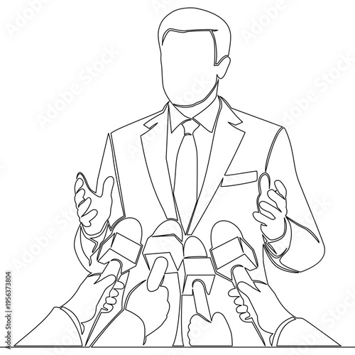 Continuous one single line drawing Male politician in suit giving interview in front of microphones at press conference icon vector illustration concept