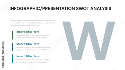Business presentation slide template featuring a large W for SWOT analysis