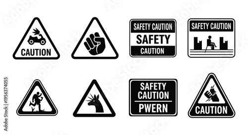Collection of black and white road signs with varying symbols and text