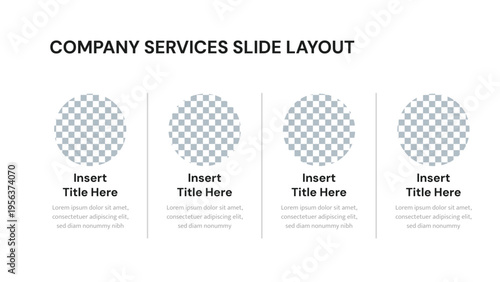 Company services presentation slide with four circular image placeholders and text sections