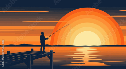 A serene evening scene of a fisherman on a pier silhouetted against a radiant sunset creating a