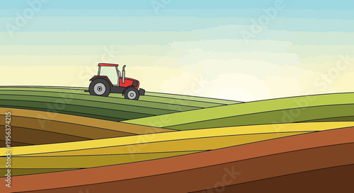 A serene cartoon illustration depicting a red tractor working in a field landscape during daytime