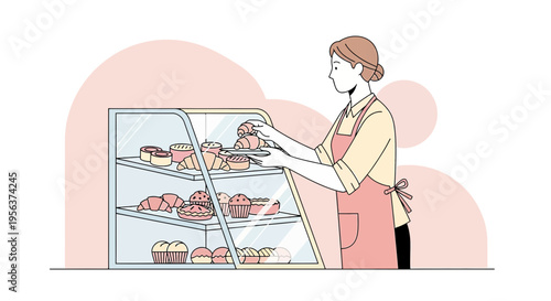 A baker is arranging freshly baked goods inside a glass display cabinet pastry perfection