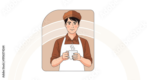 A barista presenting a steaming beverage in a minimalist cafe setting illustration