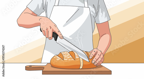 A Baker's Hands Expertly Slicing Freshly Baked Loaf on a Wooden Cutting Board