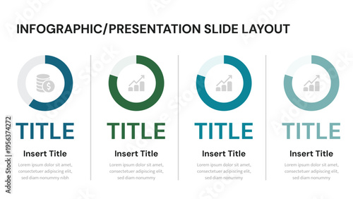 Four infographic sections with circular charts and finance icons