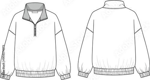 Half zip pullover sweatshirt outline vector illustration front and back view minimal line art casual outerwear apparel design