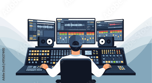 A digital composer in the music studio adjusts parameters with multiple displays visualizing audio