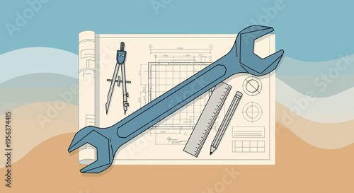 A detailed architectural blueprint illustration featuring a wrench, and drafting tools