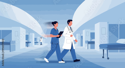 A doctor and a nurse walking in the ward corridor represent healthcare professional work