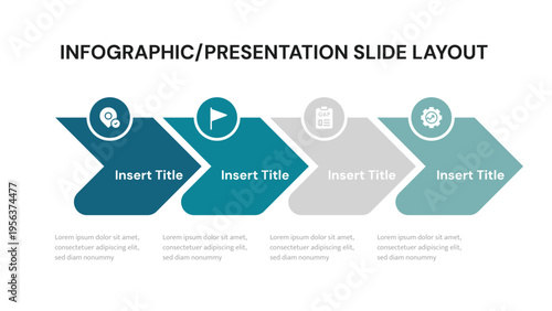Horizontal chevron arrows showing a sequential four step infographic process