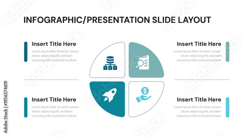 Infographic Presentation Layout Featuring a Quadrant Diagram with Business Icons and Text